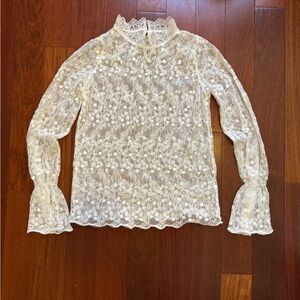 White Lace Floral High-Neck Blouse